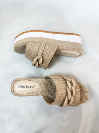 Saint Martin Taupe Lightweight Slide Wedges with Chain Link Detail- Pierre Dumas