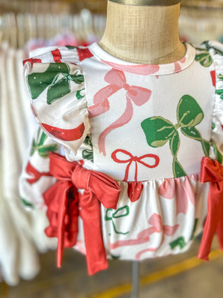 Holiday Print Christmas Bows Ruffles Girl Romper