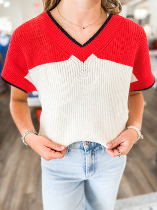 Red/Black Contrast Color V-Neck Short Sleeve Sweater