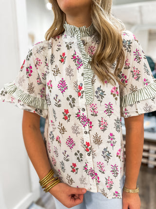 Cream Rosey Daydream Ruffle Neck Top