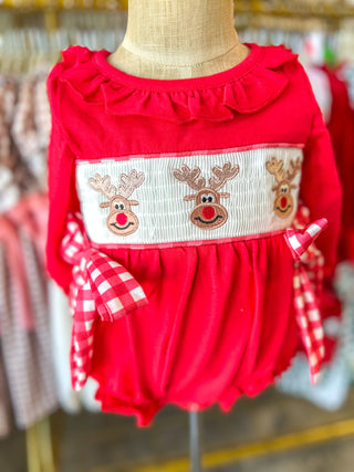 Rudolph Smocked Baby Girl Bubble
