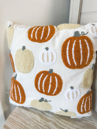 White/Orange Pumpkin Patch Embroidered Pillow