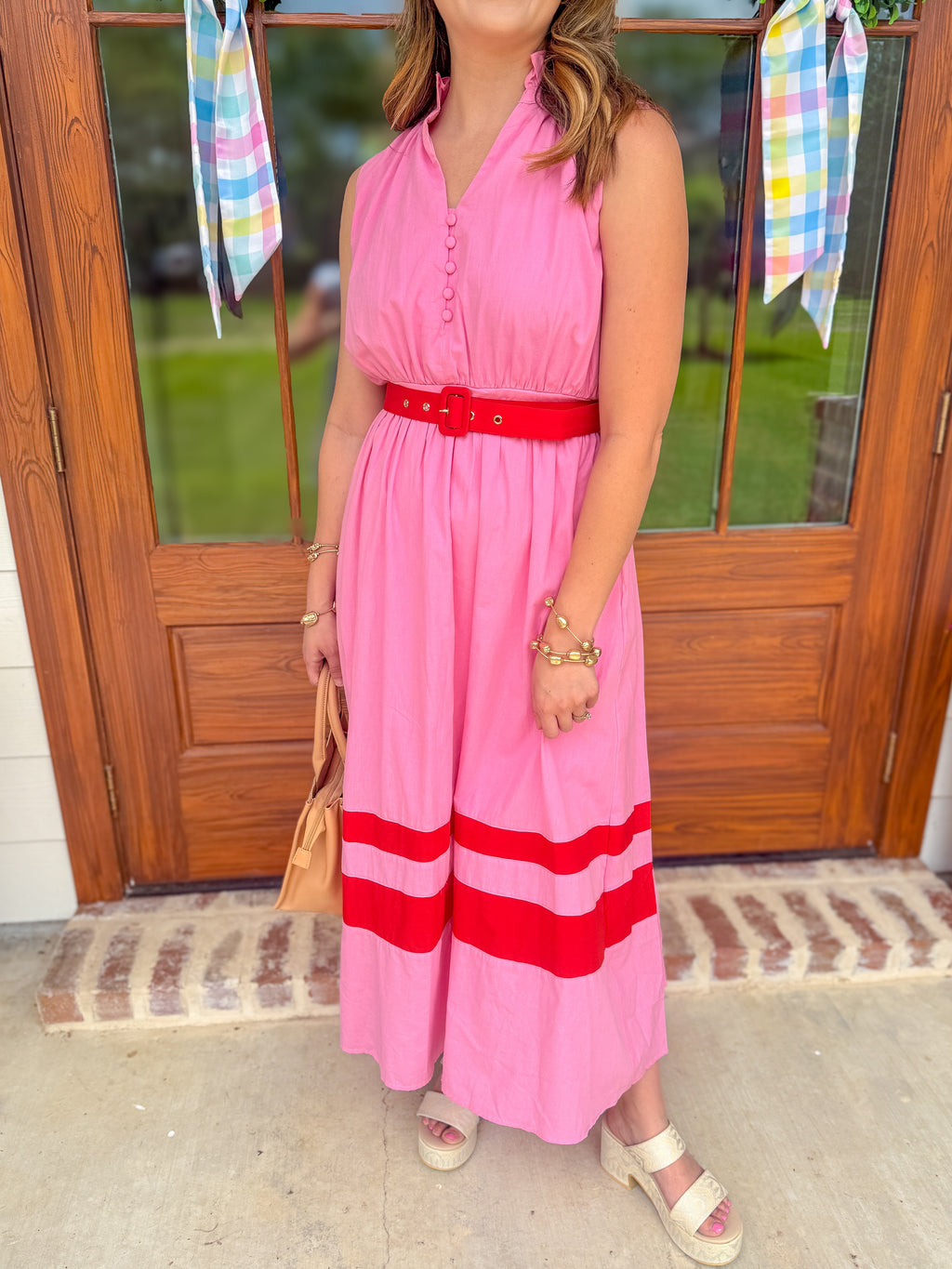 pink belted dress Women's Pink Belted Midi Dress | Avara