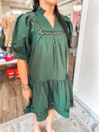 Pine Laurel Lace Trim Mini Dress