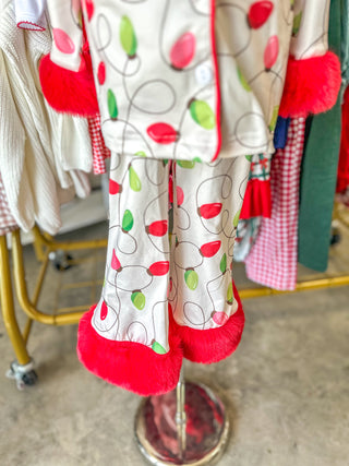 Christmas Lights Print Pajama Set W/ Red Furry Trim