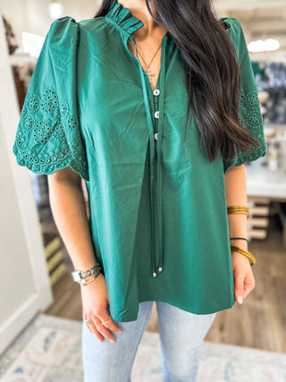 The Hunter Green Claire Eyelet Trim Blouse
