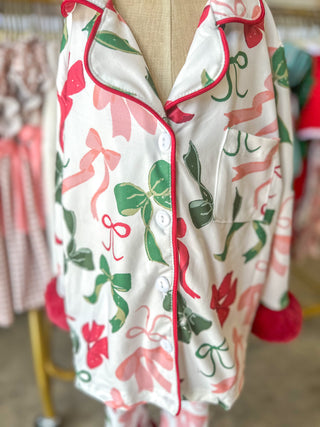 Holiday Bow Print Christmas Pajama Set - Girls Cozy Red Trim Sleepwear