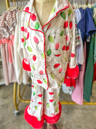 Christmas Lights Print Pajama Set W/ Red Furry Trim