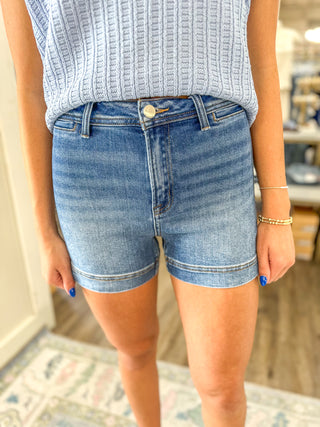 Tessa Dark High Rise Front Welt Pocket Risen Denim Shorts