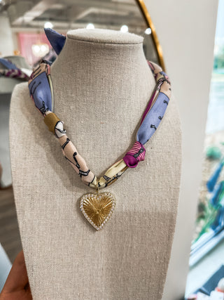 Scarf Necklace Purple W/ Gold Rhinestone Heart