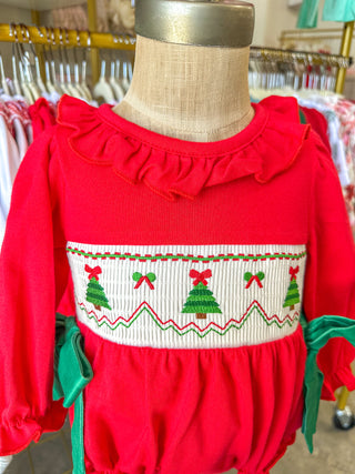 Christmas Smocked Girls Romper W/ Green Bow & Tree Embroidery