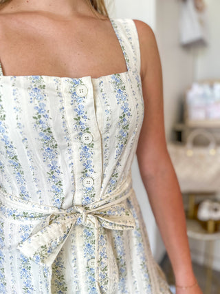 Blue Floral Striped Dropped Waist Button Down Dress
