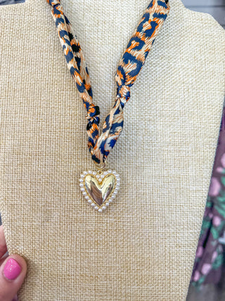 Cheetah Print Knotted Scarf Necklace W/ Pearl & Gold Heart Charm