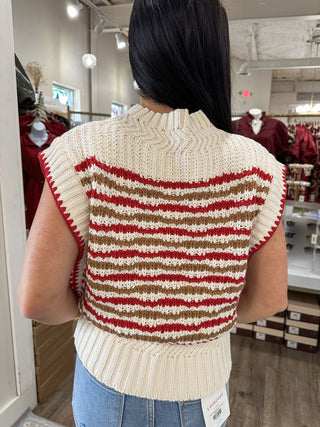 Red & Ivory Striped Crochet Sweater