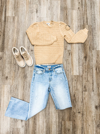 French Beige Scalloped Edge Detail Lightweight Long Sleeve Top