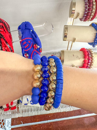 Royal Blue Rubber, Crystal & Gold Stretch Bracelets
