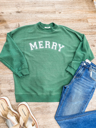 Green Merry Stencil Cloudy Knit Long Sleeve Graphic Pullover