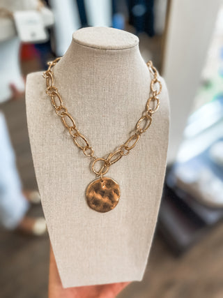 Open Gold Chain W/ Hammered Coin Charm 16"-18" Necklace