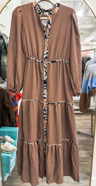 Pure Elegance Mocha Long Sleeve Maxi Dress Printed Lining