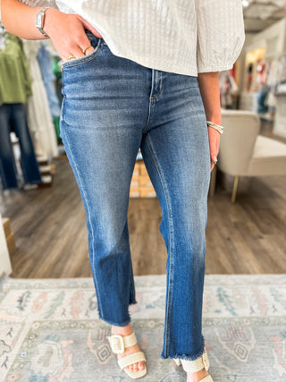 Nancy Dark Wash High Rise Crop Straight Risen Denim Jeans - RISEN