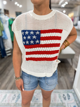 Ivory American Flag Open Stitch Sweater Top