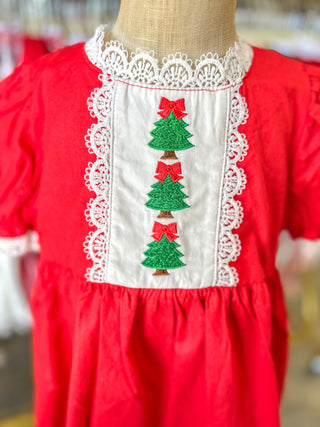 Red Christmas Girls Dress: Beautiful Embroidery W/ Lace Trim