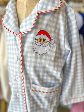 Blue Christmas Santa Embroidery Plaid Girls Pajama Set
