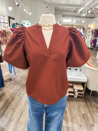 Rust Parker Puff Sleeve Textured Top