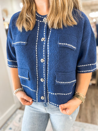 Coastal Stroll NAVY Short Sleeve Cardigan