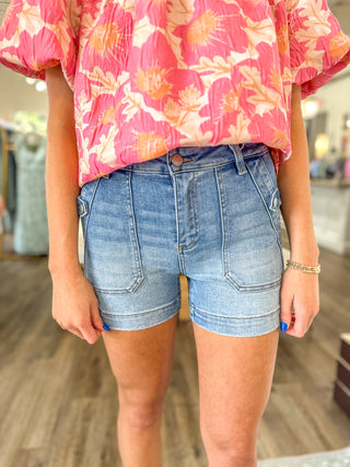 Light Lenni Girl High Rise Patched Pocket Shorts - RISEN