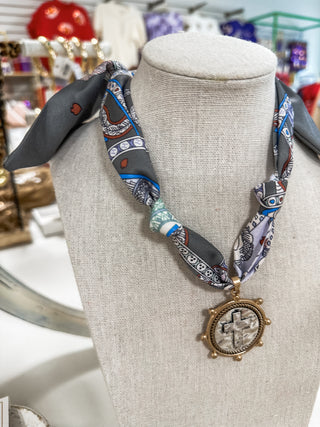 Grey & Navys W/ Cross Coin Knotted Scarf Necklace
