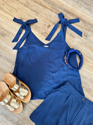 Navy V-Neck Flowy Self Tie Tank Top