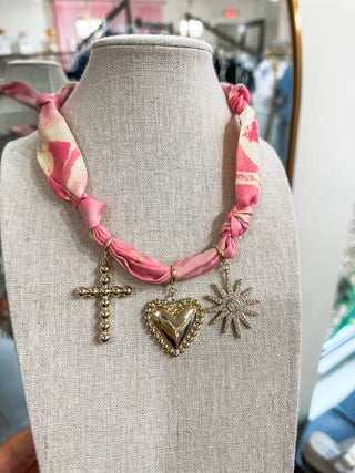 Scarf Necklace Hot Pink/White W/ 1.25" Bubble Cross, Heart, & Rhinestone Starburst