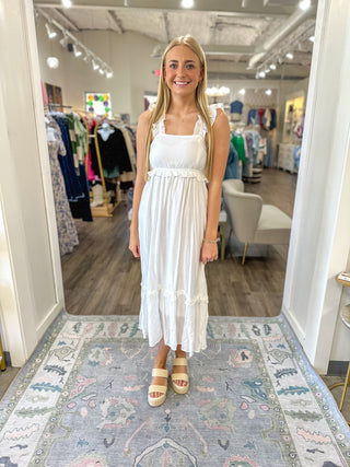 A Love Story White Ruffle Empire Midi Dress