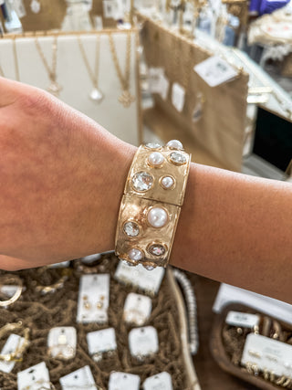 Gold Hammered Stretch Bangle W/ Pearl & Clear Accents