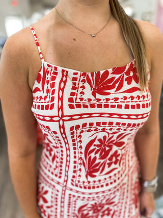 Red Ocean Tiles Spaghetti Strap Midi Dress