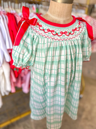 Christmas Girls Smocked Embroidery Green Plaid Dress