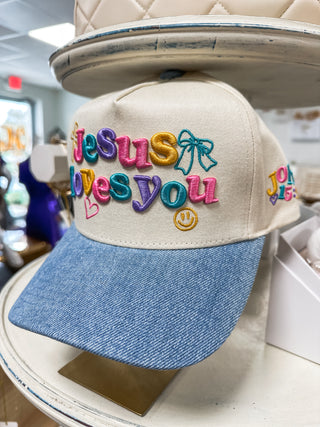 Jesus Loves You Denim Trucker Hat