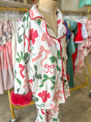 Holiday Bow Print Christmas Pajama Set - Girls Cozy Red Trim Sleepwear