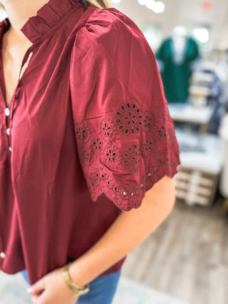 The Burgundy Claire Eyelet Trim Blouse