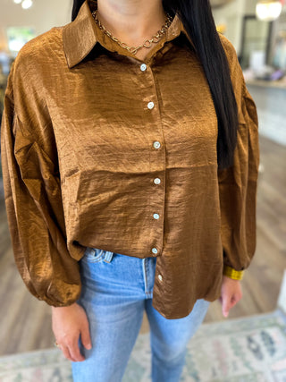 Camel Ever So Chic Collar Neck Button Down Long Sleeve Blouse