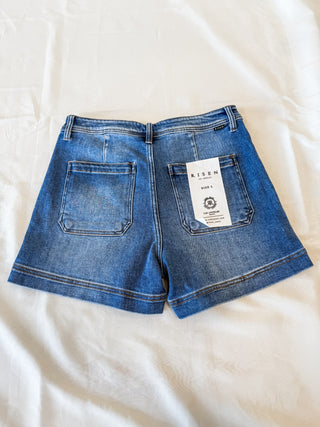 Tessa Dark High Rise Front Welt Pocket Risen Denim Shorts