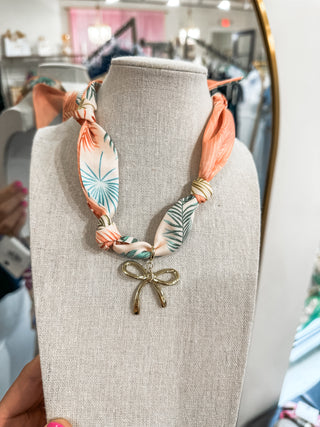 Scarf Necklace Pink W/ Green Spring Accents W/ Gold Bow