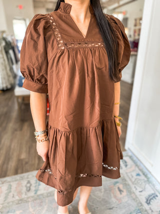 Brown Laurel Lace Trim Mini Dress