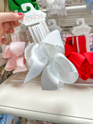White Scalloped Edge Pantyhose Headband Bow XL