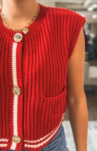 Red Varsity Stripe Gold Metal Button Sleeveless Sweater