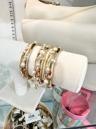 Gold Stretch Bracelet W/ Multi Rhinestone & Pearl Studded Accents