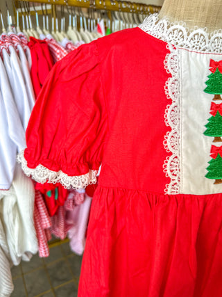 Red Christmas Girls Dress: Beautiful Embroidery W/ Lace Trim