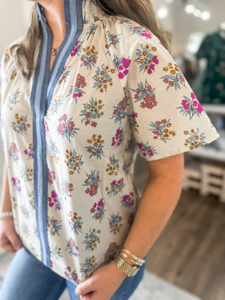 Meadow Bloom Chambray Trim Top