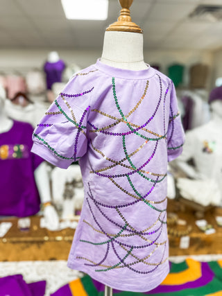 Children Mardi Gras Beads Please Sequin Luxe Puff Sleeve Dress